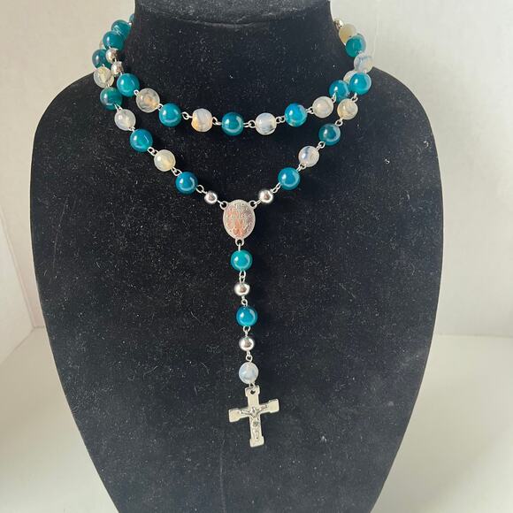 Blue Chalcedony Stone Miraculous Medal Rosary 3D Crucifix Catholic Silver Bead - Picture 3 of 8